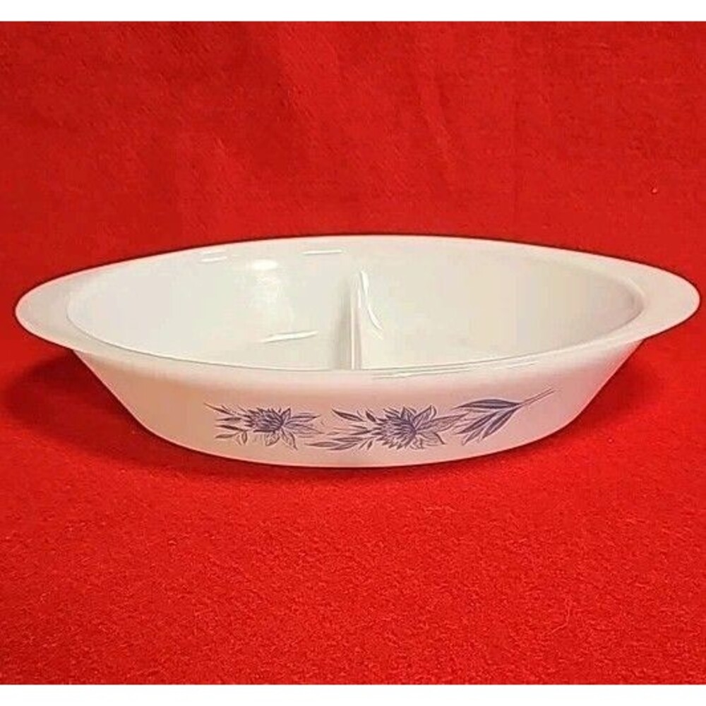 Vintage Glasbake Turquoise Blue Thistle 1 qt Oval Casserole Dish Textured Bottom